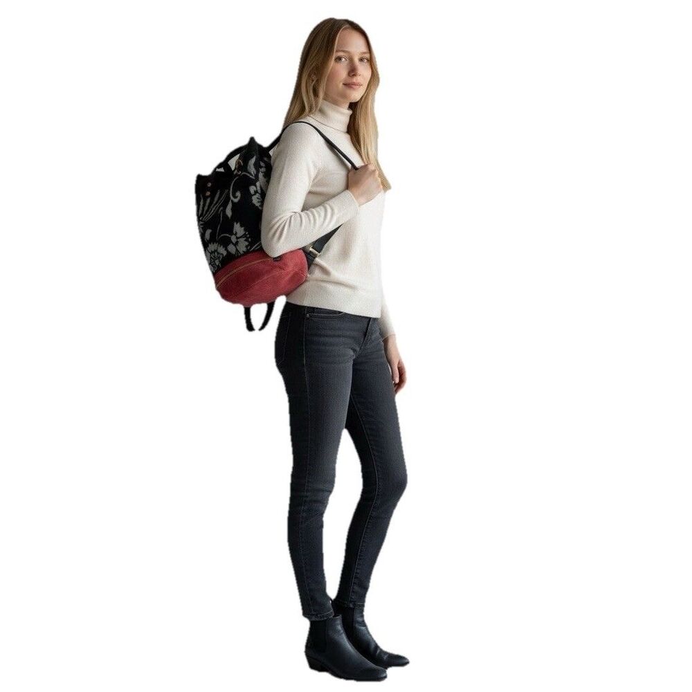 VTG Lucky Brand Leather Canvas Backpack Bag Floral Black Red Y2K Boho Drawstring - Picture 2 of 16
